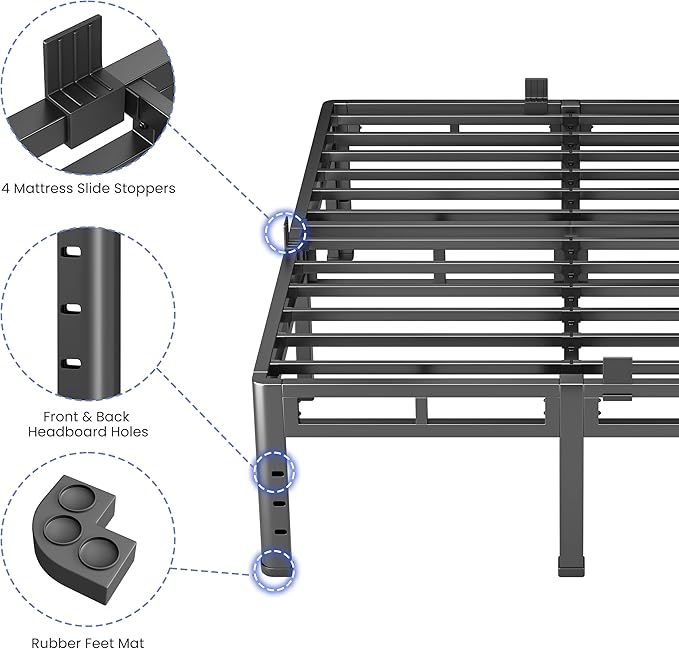 NKZ 18 Inch Full Size Bed Frame, Metal Bed Frame & Box Spring 2 in 1 Platform with Round Corner Legs, 4000Lbs Heavy Duty Metal Frame, Mattress Slide Stopper, Headboard Hole, Noise-Free, Easy Assembly