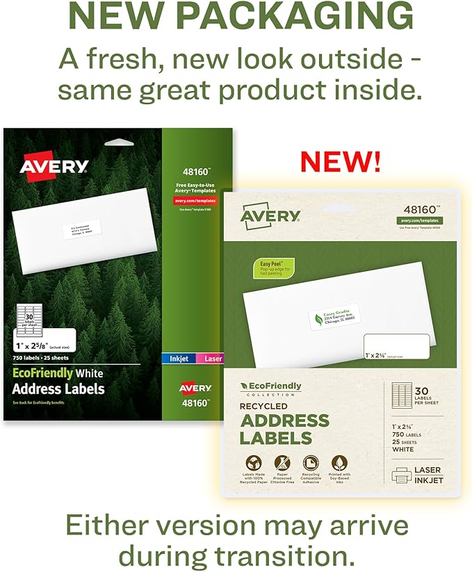 Avery EcoFriendly Recycled Address Labels, 1" x 2-5/8", White, Permanent Label Adhesive, 750 Printable Labels (48160)