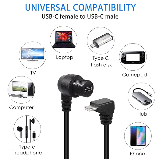 QIANRENON 90 Degree Angle USB C Flush Panel Mount Cable USB Type C 2.0 Female to Male Right Angle Waterproof Extension Cable Threaded to Dashboard or Panel 30cm/11.8 in (UP&ampDown Bend)