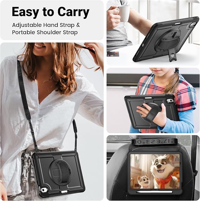 SCSVPN Kids Case for iPad Air 11 Inch M4 2026 / M3 2025 / M2 2024 Heavy Duty Shockproof Silicone Protective Case with Pencil Holder-Screen Protector-Rotating Stand-Handle-Shoulder Strap (Blue+Red)