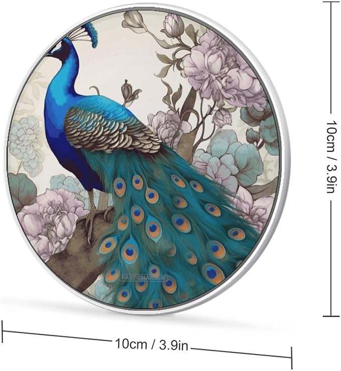 Peacock Floral Wireless Charger Fast Charging Pad | Anti-Slip Qi Certified Wireless Charging Pad for All Phones with Wireless Charging Function for Home Office Travel
