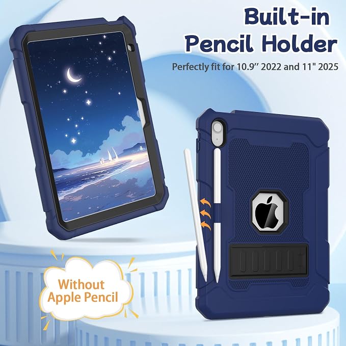 LTROP Case for iPad A16 11th Generation 2025 11 Inch / 10th Generation 2022 10.9 Inch with Kickstand and Pencil Holder Shockproof Rugged Protective iPad 11 inch Cover Black