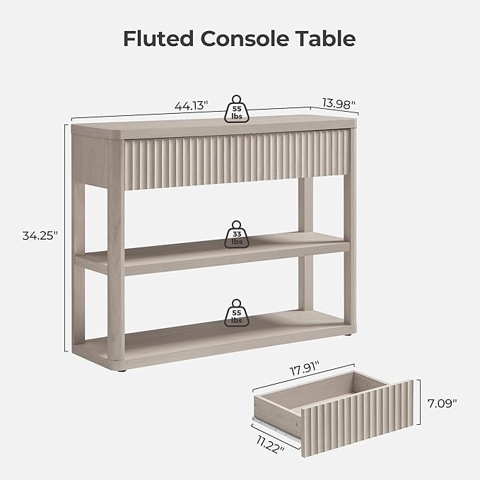 SICOTAS Fluted Entryway Table with Storage, 44.13" W Console Table with 2 Drawers & 2 Tier Storage Shelves, Modern Sofa Table Behind The Couch for Living Room, Entrance, Hallway, Foyer, White Alder
