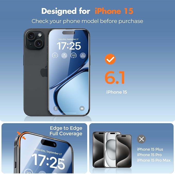 UNBREAKcable 3-Pack Screen Protector for iPhone 15 Double Shatterproof Tempered Glass [Easy Installation Frame] [99.99% HD Clear] [9H Hardness] [Full Coverage] [Case Friendly] for Apple 15 6.1 inch
