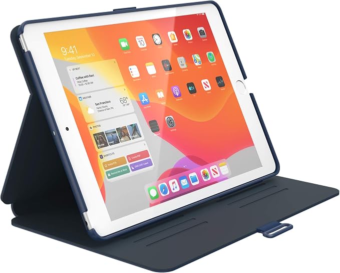 Speck Balance Folio Case for iPad 10.2 Inch (2019-2021) - Drop &amp Camera Protection Slim Multi Range Stand Apple Pencil Holder - Arcadia Navy/Moody Grey