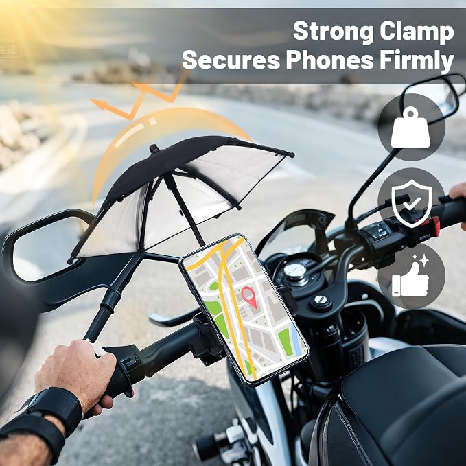 Fixed Clip-on Phone Umbrella for Sun with Flexible Adjustable Handle Mini Strong Clip Cell Phone Umbrellas Sun Shade Anti Sunlight and Glare fits for Universal Smartphones