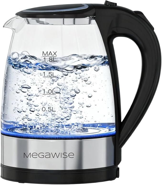 MEGAWISE 1.8L Glass Electric Kettle, Auto Shut-Off, Boil-Dry Protection