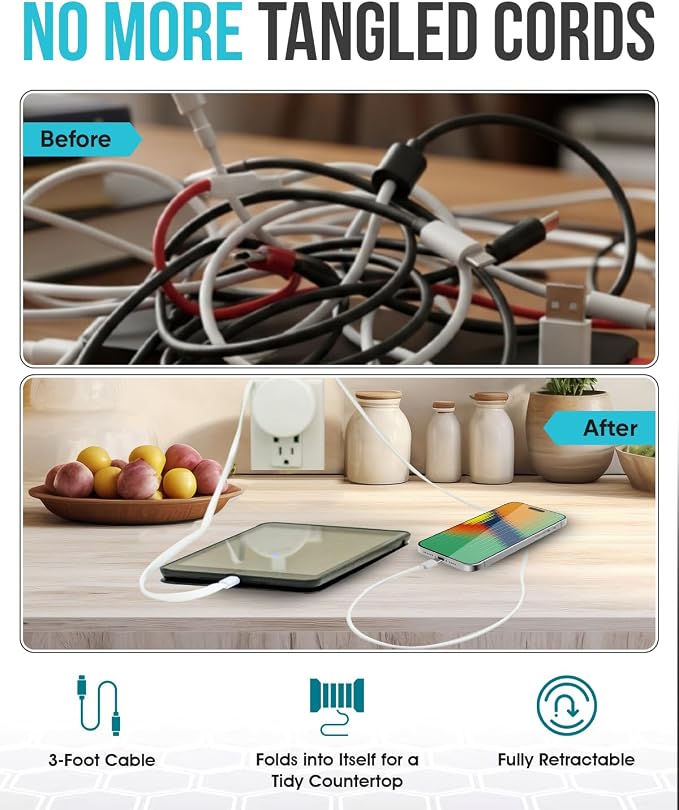 4-in-1 USB-C Retractable Cable Wall Charger &amp Power Bank Fast Charging for iPhone Air/17/17 Plus/17 Pro/17 Pro Max/16/16 Pro Max/15/15 Pro Max/iPad Pro Samsung OnePlus LG Google Sony