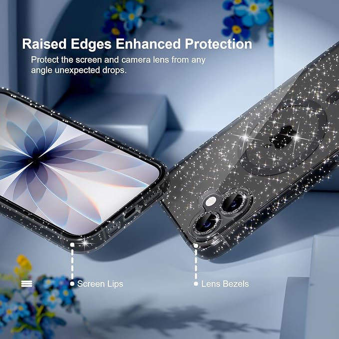 Choiche for iPhone 15 Pro Max Case Compatible with MagSafe Glitter Black | Women Girly Cute Glitter Sparkly Magnetic Phone Case with Diamond Camera Lens Protectors Military-Grade Drop Protection 6.7