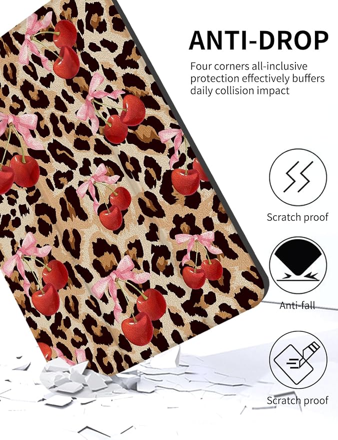 Case for iPad 9th/ 8th/ 7th Generation Case 10.2&amp10.5 Inch (2021/2020/2019 Release) Slim Lightweight Soft Trifold Back Cover with Pencil Holder &amp Auto Sleep/Wake Cover Cherries Cheetah Bows