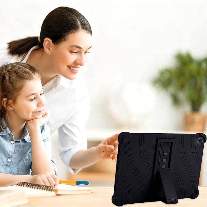 Caweet Case for Lenovo Tab One 8.7 Inch 2025 Heavy Duty Shockproof Full-Protection Adjustable Stand Silicone Cover Black