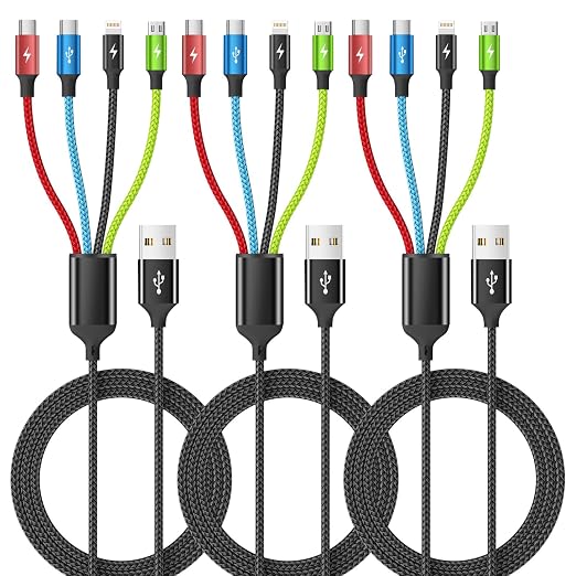 4 in 1 Multi Charging Cable 2 Pack 6FT Charging Cords for Devices | Nylon Braided USB C Car Charger Cable with Dual USB-C IP &amp Micro Ports Long Travel Charging Cord for Cars