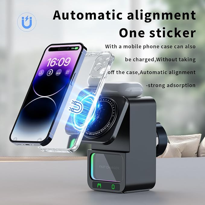 4 in 1 Magnetic Wireless Charging Station Foldable Wireless Charger Stand with Bluetooth Speaker for iPhone 16 15 14 13 Series for AirPods 3/2/Pro for Apple Watch Ultra/SE/9/8/7/6/5/4/3/2/1 (Black)