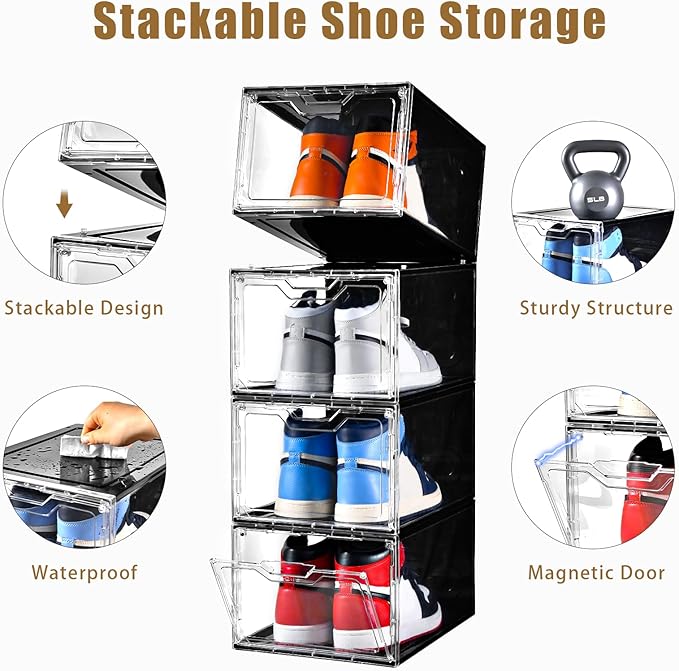 Clemate Upgraded X-Large Shoe Organizer,Shoe Storage Organizer,12 Pack,Shoe Box Clear Plastic Stackable,Drop Front Shoe Box with Clear Door, Shoe Containers For Sneaker Display,Fit up to US Size12