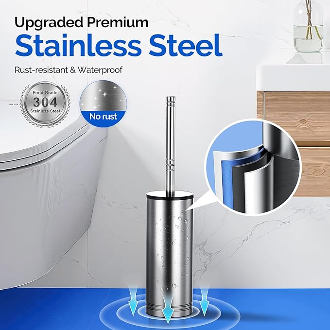 HAMITOR Toilet Brush and Holder Set：Stainless Steel Deep Clean Bathroom