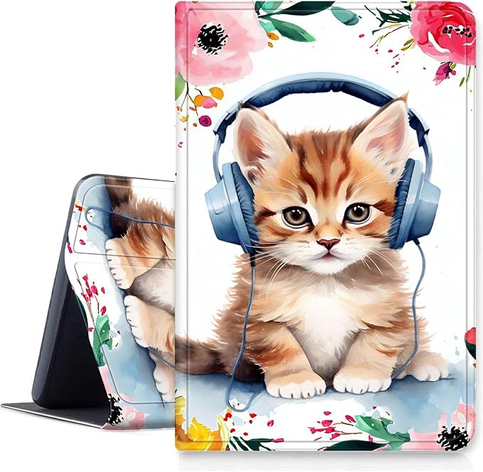 Case for Fire 7 2019/2017/2015Black Cat Purple Roses | DIGTIALL Slim Cover for Fire 7 Tablet 9th/7th/5th Gen 7.0 Folding Stand Protective Case Auto Sleep/Wake Smart Shell
