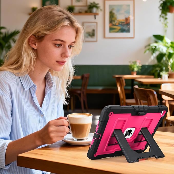 VOFUOE for iPad 9th/ 8th/ 7th Generation Case with Foldable Stand Shoulder Strap Pencil Holder 3 in 1 Heavy Duty Hard Protective Cover for iPad 10.2 Inch 2021/2020/2019 -Black&ampHot Pink