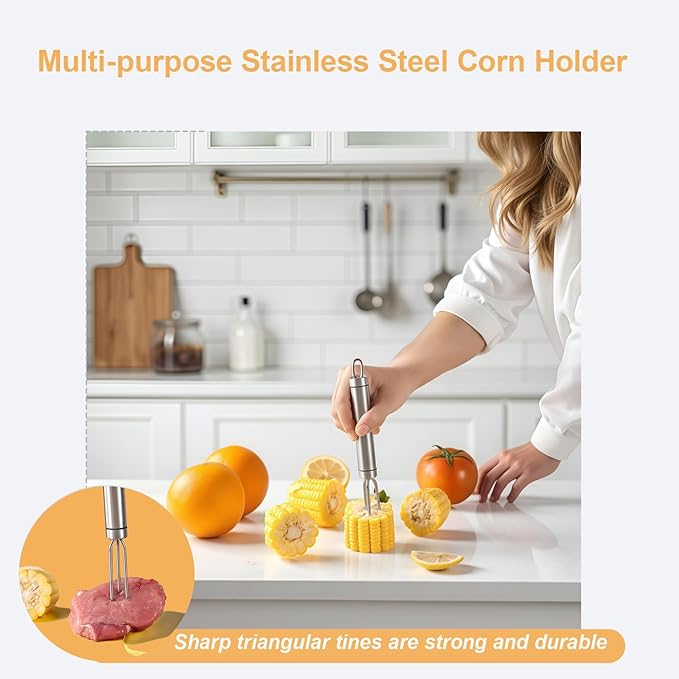 Corn Cob Stripper Tool Set, Newly Upgraded Sawtooth Long Handle Stainless Steel Corn on the Cob Stripper Tool and Corn Holder, Corn Peeler for Corn on the Cob, Silver, 2 Pcs
