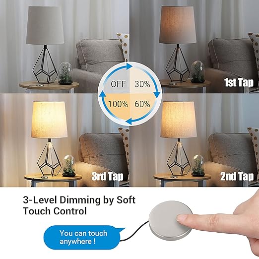 DEWENWILS Touch Dimmer Switch, Touch Pad Control with 3 Levels of Dimming, Dimmable LED/CFL Lights, and Incandescent Bulbs, Extension Cord, 1 Pack, ETL Listed, Black