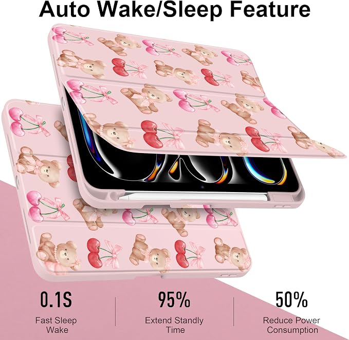 DONGKE for iPad Pro 11-Inch Case (M5 2025 / M4 2024) 6th/5th Generation [Auto Sleep/Wake &amp Pencil Pro Holder] Clear Acrylic Back Smart Trifold Stand Cover Bear &amp Cherry