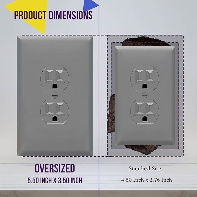 ENERLITES Duplex Receptacle Outlet Wall Plate, Jumbo Electrical Outlet Covers, Gloss Finish, Oversized 1-Gang 5.51" x 3.50", Polycarbonate Thermoplastic, 8821O-GY-10PCS, Gray, 10 Pack