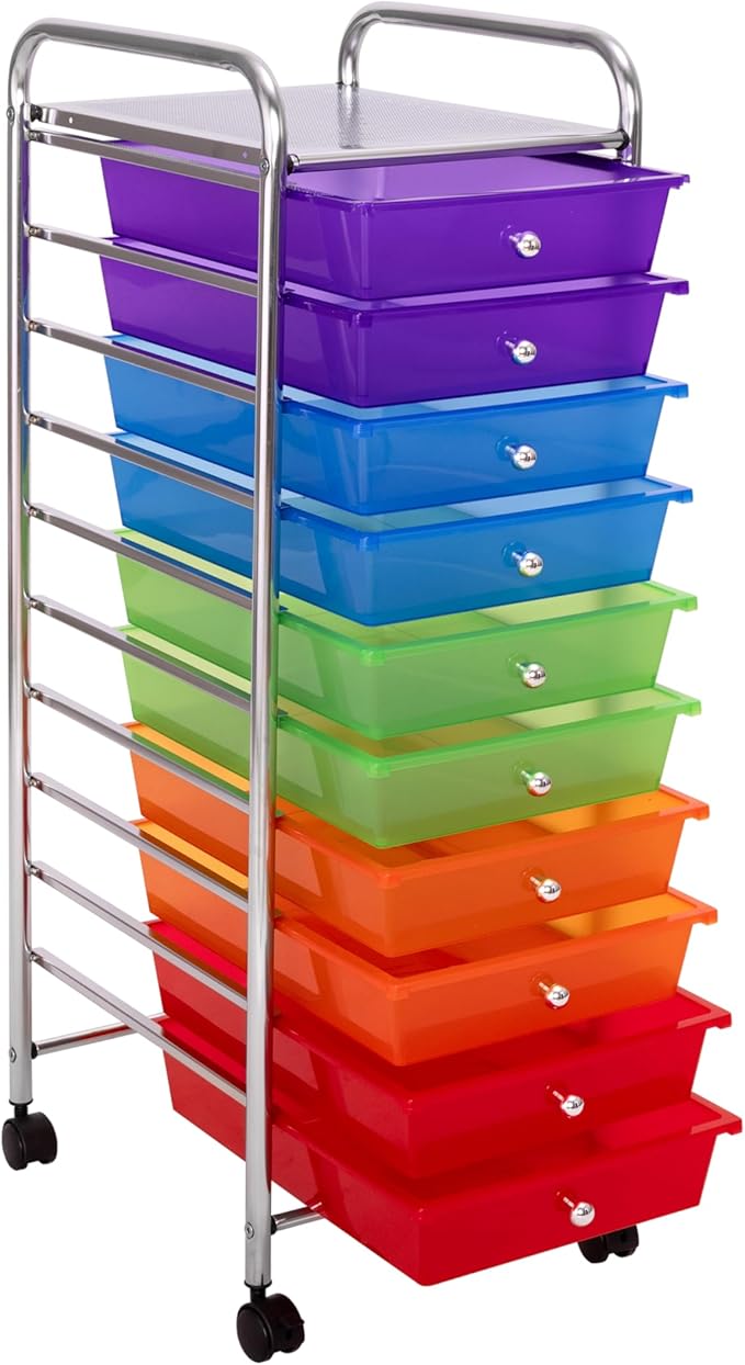 Seville Classics Rolling Utility Organizer Storage Cart, for Home Office, School, Classroom, Scrapbook, Hobby, Craft, 10 Drawer, Multicolor (Pearlized)
