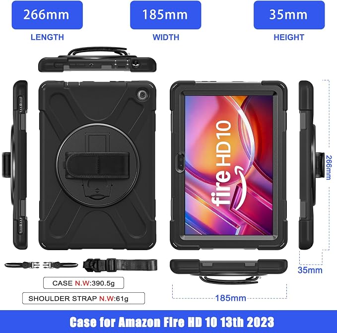 Case for Galaxy Tab S10 FE+ 13.1 2025 with Screen Protector+360 Rotating Hand Strap&ampStand+Shoulder Strap (Black)