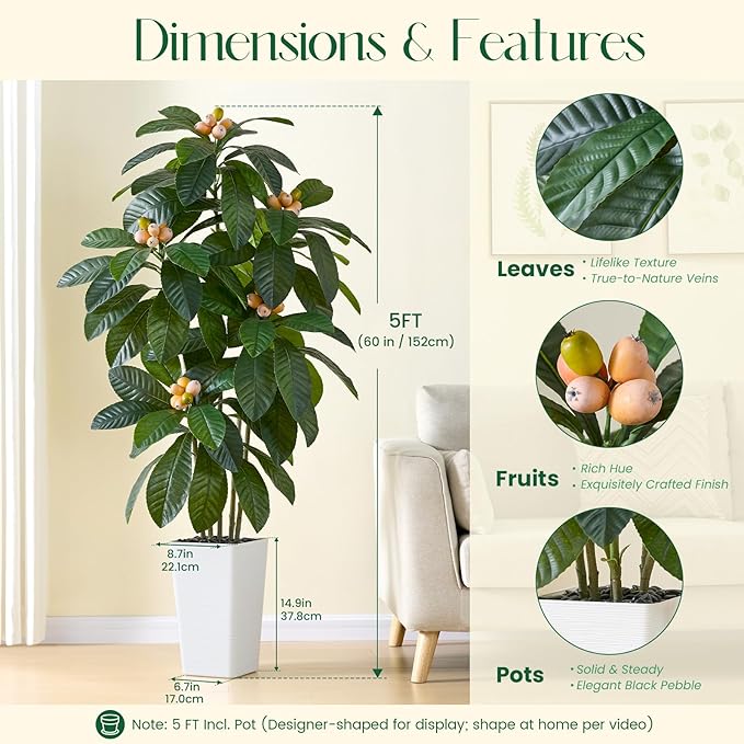 Artificial Loquat Tree：Faux Tree Realistic Fake Tropical Fruit Plant Large Silk Floor Plants with Lifelike Fruits&Pot for Home Decor Indoor Outdoor Room Office Patio Balcony(5FT,1-Pack,White)