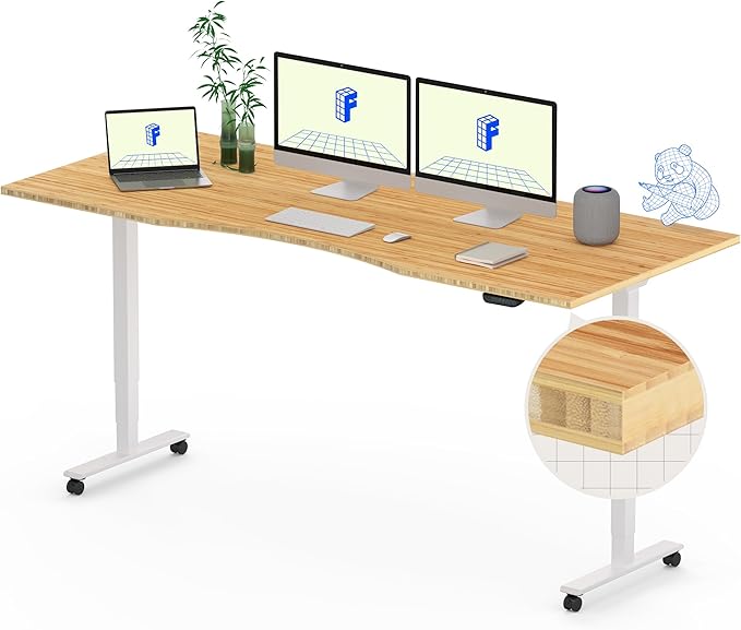FLEXISPOT E6 MAX Bamboo Dual Motor 3 Stages Standing Desk 72x30 Inch Whole-Piece Board Electric Height Adjustable Stand Up Desk 150KG Load Capacity(White Frame + Bamboo Curved Desktop)
