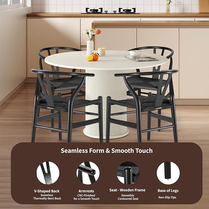 Tomile Wishbone Chair Y Chair, Wooden Dining Chairs Set of 4, Mid Century Modern Chairs with Arms, Solid Wood Weave Seat Kitchen & Dining Room Chairs (Ash Wood - Black)