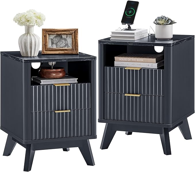 T4TREAM Fluted Nightstand Set of 2 with Charging Station, 18" Modern SideTable with Faux Marble Top, 2 Drawer End Table w/Storage, Bedside Table for Bedroom, Living Room, Curved Profile, Dark Grey