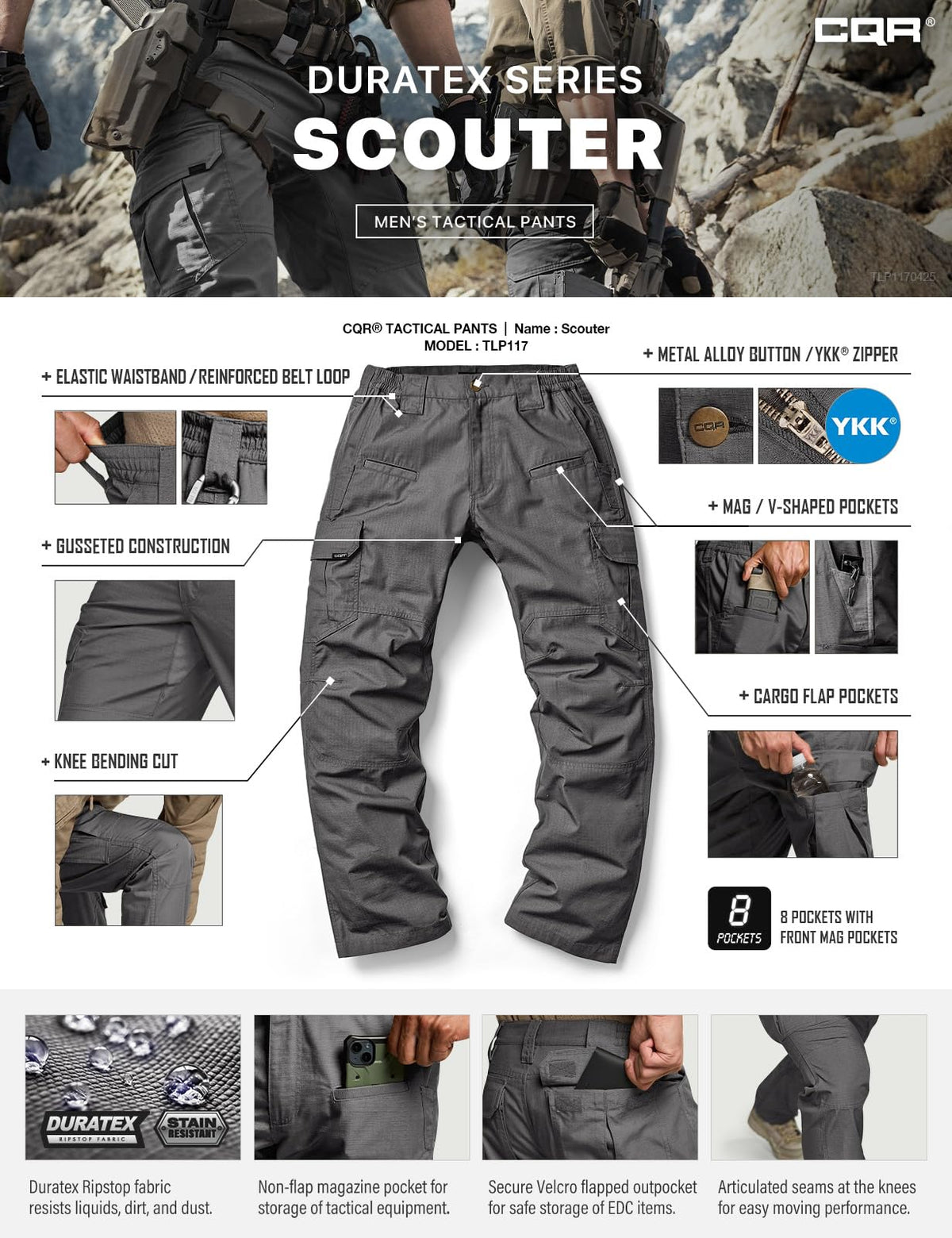CQR Men's Tactical Pants, Water Resistant Ripstop Cargo Pants, Lightweight EDC Work Hiking Pants, Outdoor Apparel, Raider Charcoal, 40W x 30L
