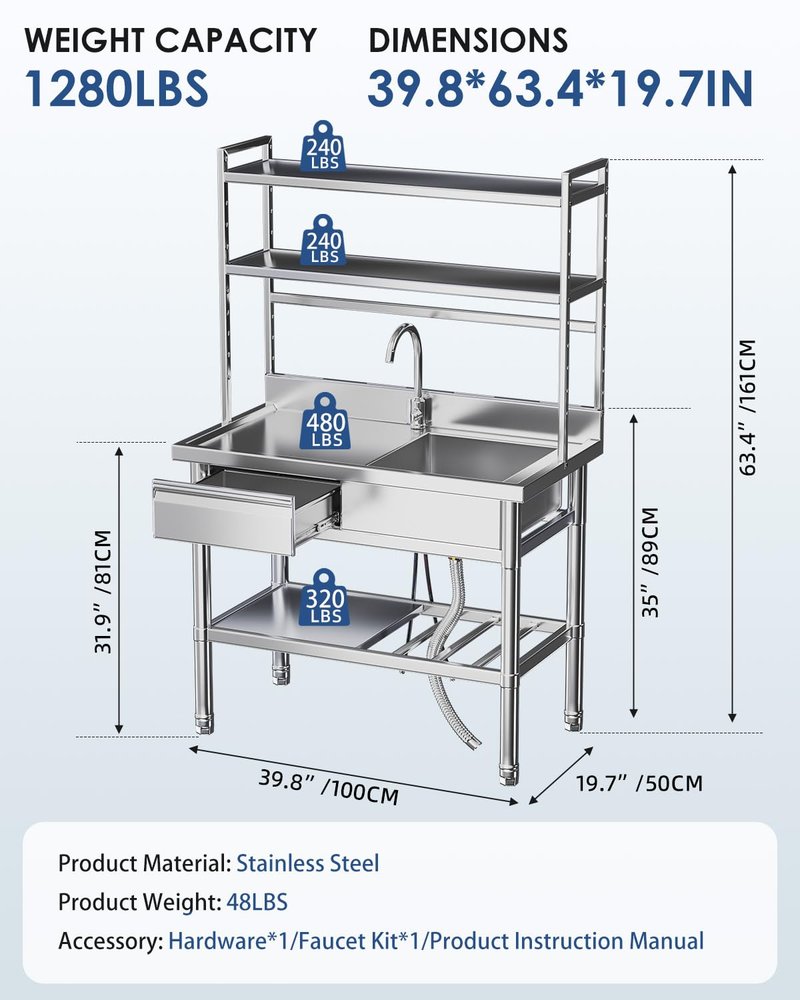JFHID Stainless Steel Utility Sink with Shelves, Free Standing Single Bowl Commercial Kitchen Sinks with Drawer & Water Pipes, Stainless Steel Prep Table Countertop Workbench for Home Restaurant