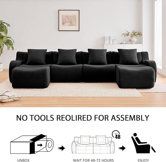 Black L-Shaped Cloud Couch with 1 Ottoman, Modern Teddy Fabric Boneless Sectional Sofa in a Box, Modular Floor Sofa for Living Room, Deep Seat, No Assembly Required, Sofas para Sala