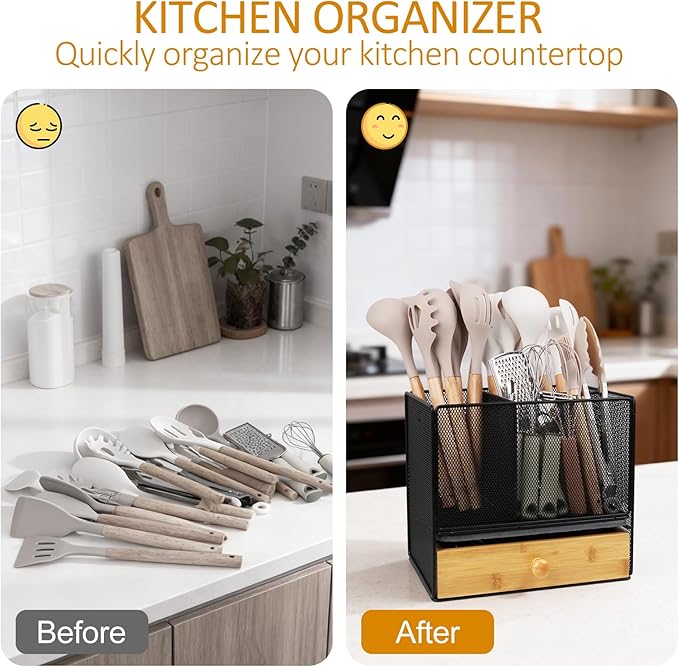 Kitchen Utensil Holder Countertop,Extra Large Utensil Organizer with Drawer