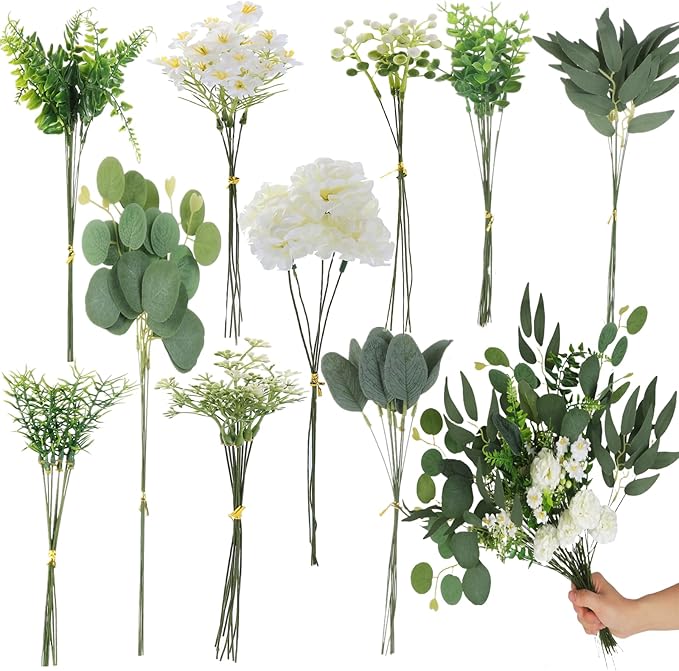 85pcs Artificial Greenery Stems Box Set with 10 Kinds Artificial Plants and Fake Flowers Used for New Wedding DIY Bouquet Flower Arrangement Dining Table Decor