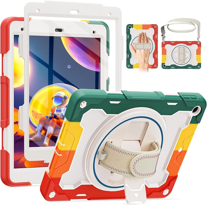 for iPad 9th 8th 7th Gen Case 10.2 inch with Screen Protector | 360° Rotating Kickstand Hand Strap Shoulder Strap Heavy Duty Military Grade - Kids Friendly