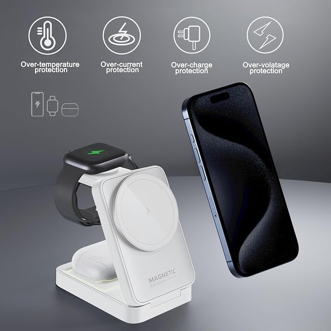MALOM W91 3-in-1 Multifunctional Wireless Magnetic Charger for iPhone Apple Watch AirPods Foldable Nightlight (Black)