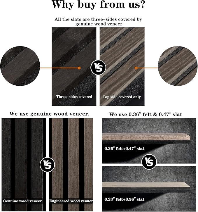 ARMURO Wood Panels for Wall, Wood Slat Wall Panel - 2 Pack, Black Wood Slats for Wall, Natural Smoked Wood Veneer Accent Wall Panels, Acoustic Slat Wood Wall Panels - 12.6" W x 94.5" L