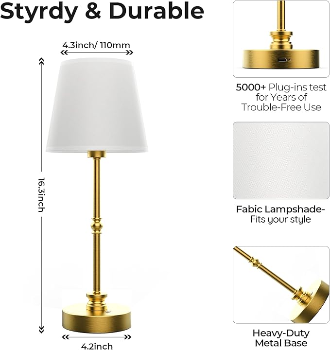 Rechargeable Table Lamp Cordless,5200mAH Battery Operated LED Lamp,3000K Stepless Dimming,Portable Touch Control Wireless Lamp for Dining Room Living Room Bedroom Restaurant Gold 2 Pack