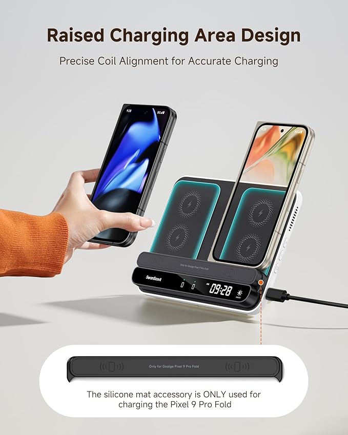Dual Phone Wireless Charger for iPhone 17/16/15/14 Series for Galaxy S25/S24/S23/S22 for Pixel 9 Pro Fold/8/7 Only for Pixel Watch 3/2(Not for Watch 4/1) Fitbit Versa 4/3/Sense 2 SwanScout 710FG2