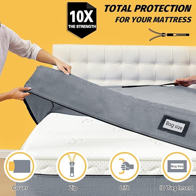 Mattress Bags for Moving and Storage, BETU Waterproof Mattress Protector Full XL Mattress Cover with 8 Heavy Duty Handles and Zipper Extra Thick Moving Supplies for Bed (2 Pack:82x57x13.5 Grey)