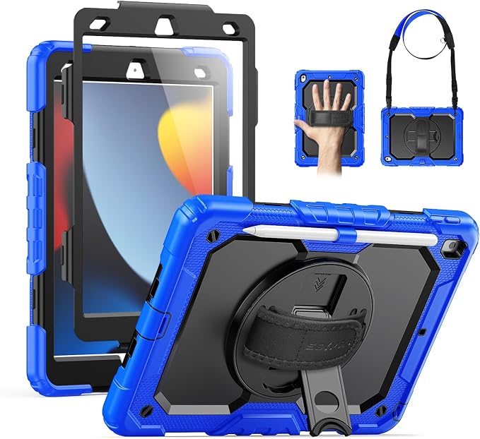 SEYMAC for iPad 9th/8th/7th Generation Case 10.2 2021-2019 Full-Body Shockproof Protective Case with Screen Protector Rotating Stand/Handle/Shoulder Strap for iPad 10.2 Blue/Black