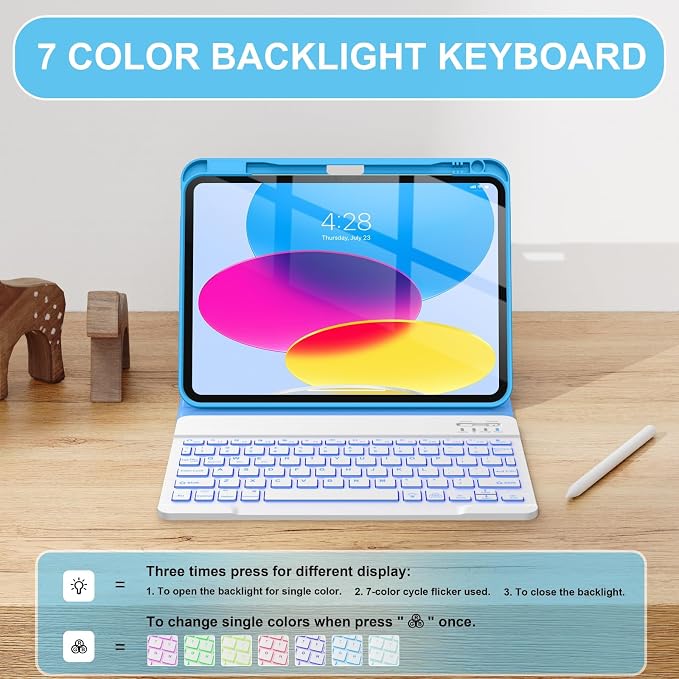 Soke for iPad (A16) 11th/10th Gen Case with Keyboard Black Marble | For iPad 11/10.9 inch(2025/2022) 7 Color Backlight Magnetic wireless Detachable Keyboard Case Built-in Pencil Holder
