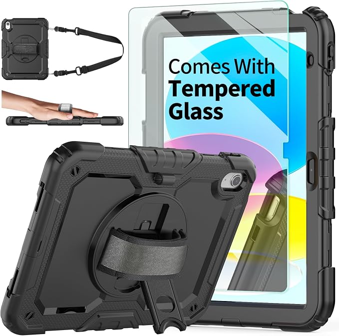 Ambison Case for iPad (A16) 11th/10th Generation 11''/10.9'' Black | Hand Strap 9H Tempered Glass Screen Protector Rotating Stand Shoulder Strap Heavy Duty Shockproof Pencil Holder