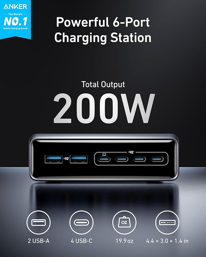 Anker Prime Charging Station, 200W 6-Port GaN Desktop Charger, Fast Charging USB C Charger for Multiple Devices, Compatible with iPhone, Galaxy, MacBook, Dell ane More
