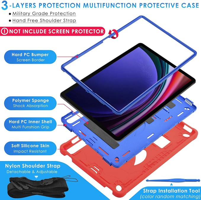 DETUOSI Case for Samsung Galaxy Tab S10 Lite / S10 FE / S9 FE 10.9-Inch with S Pen Holder + Shoulder Strap3-Layer Hybrid Heavy Duty Full-Body Shockproof4-Angle Viewing Protective Cover