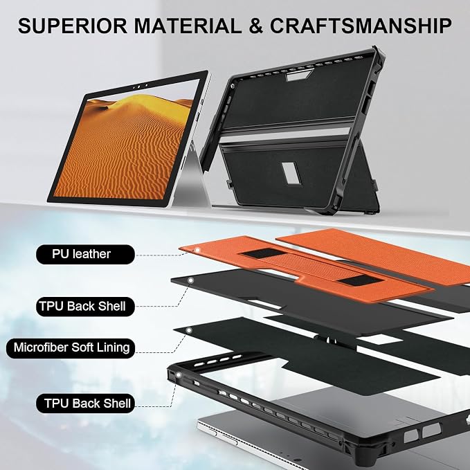 Case for 12.3 Microsoft Surface Pro 7+/7/6/5/4 Protective Rugged Cover Case with Surface Pen Holder and Hand Strap Compatible with Surface Pro Type Cover Keyboard (Black)