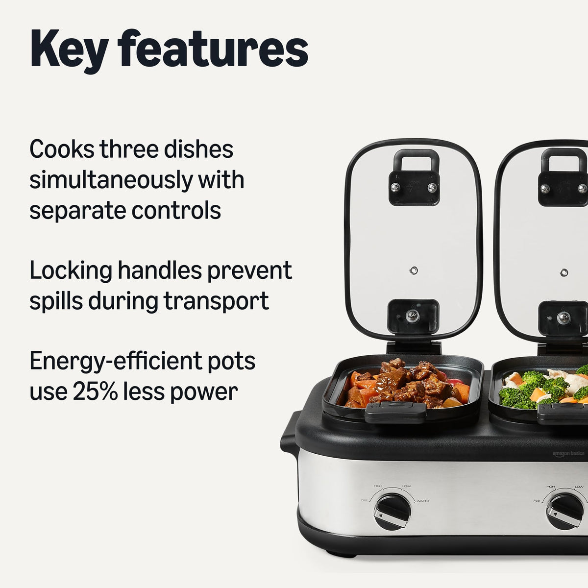 Amazon Basics Stainless Steel Triple Slow Cooker, Dishwasher Safe, Non-Stick, 3 x 2.5 Quarts, Removable Pots, Individual Temp Control, Tempered Glass Lids, for Party Entertaining