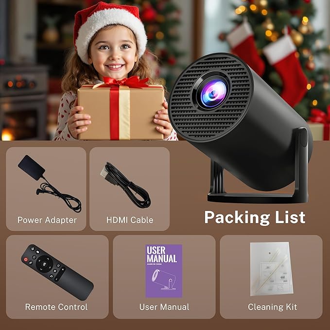 Mini Projector with WiFi 6 and Bluetooth 5.4 Built-in Android 11, 1080P 4K Support Portable Projector, Auto Vertical Keystone, LYNCAST 180° Rotatable Projector for Home,Outdoor OptiBarrel 500 Black